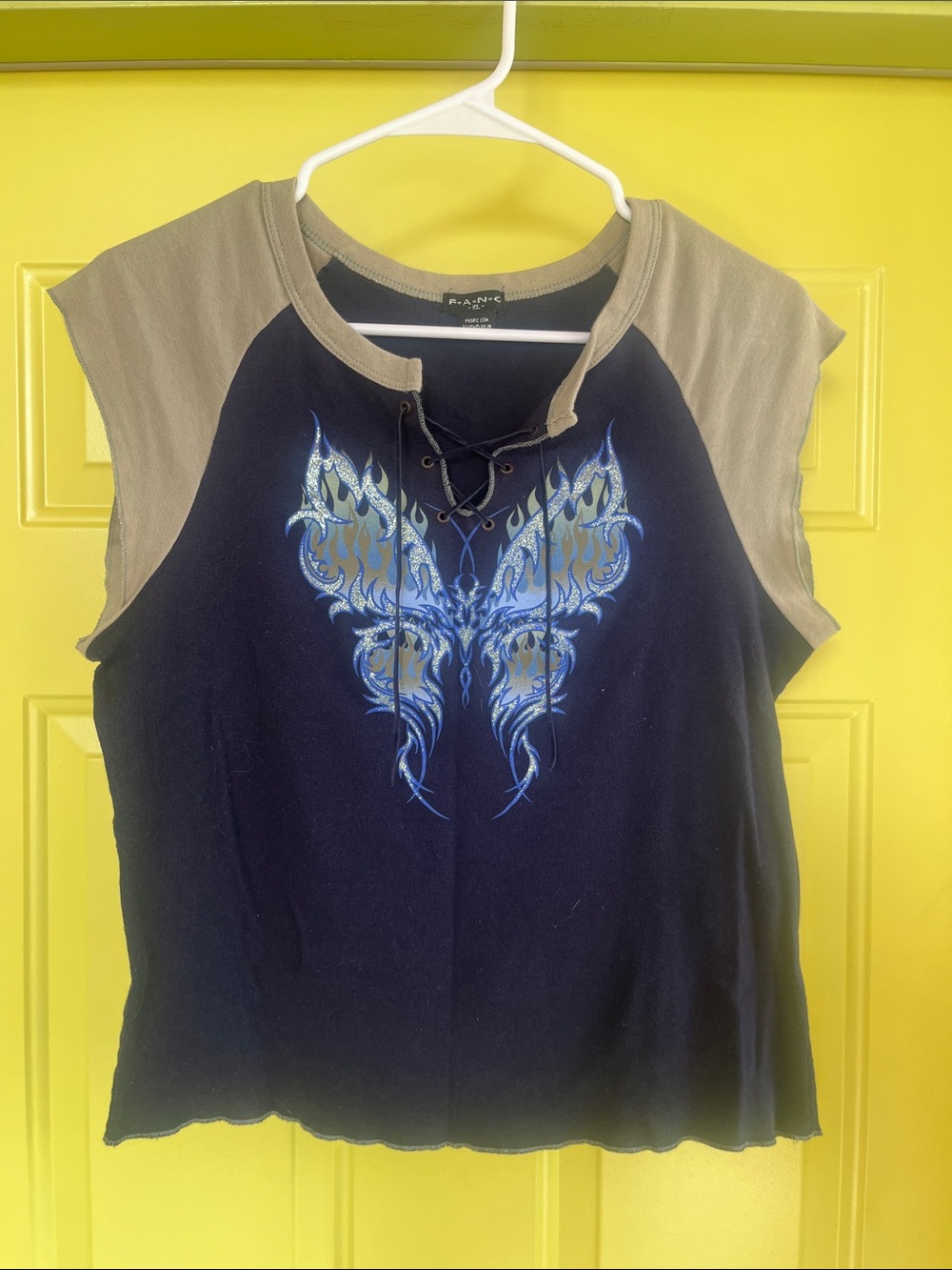 FANG Navy Tank with Taupe Raglan & Lace-Up Butterfly Graphic